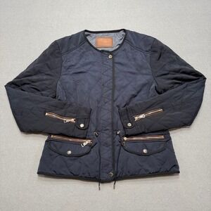 Zara Bomber Jacket Womens XL Blue Argyle Quilted Lined Padded Utility collarless